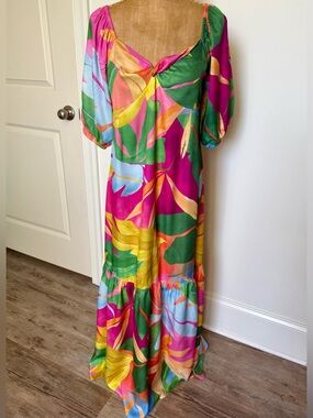 NWT 🩷🧡💛 Self Contrast Maxi Dress Tropical Floral Print Resort Vacation Sz LARGE